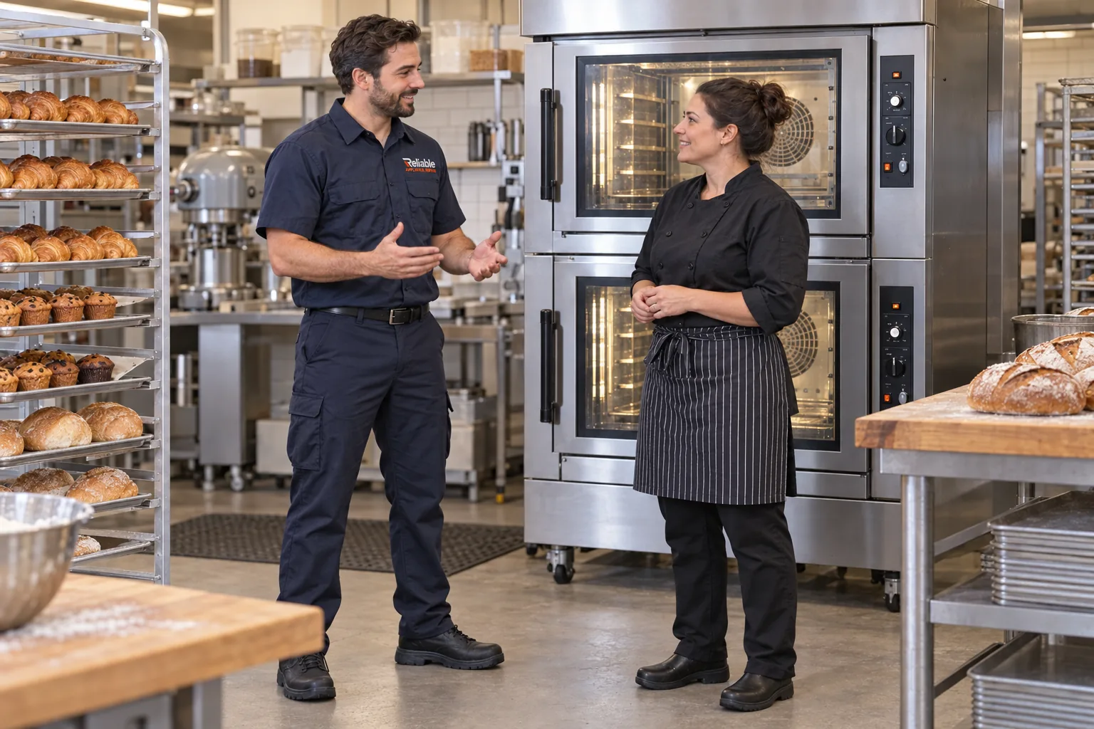 Reliable technician explaining a completed commercial convection oven repair