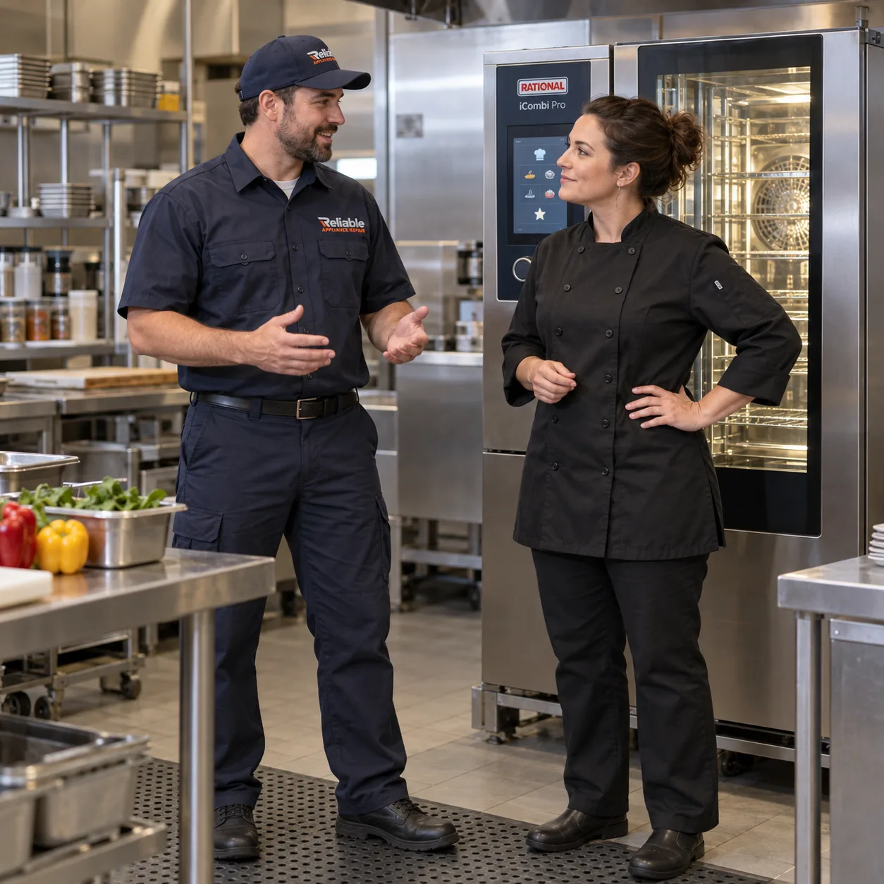 Reliable technician explaining a completed commercial combi oven repair