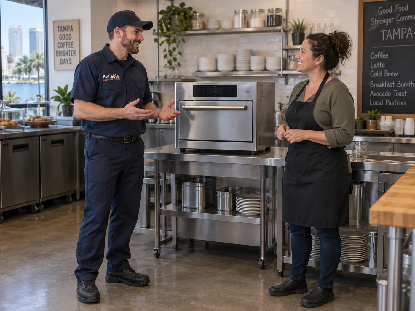 Reliable technician explaining a completed commercial high-speed oven repair