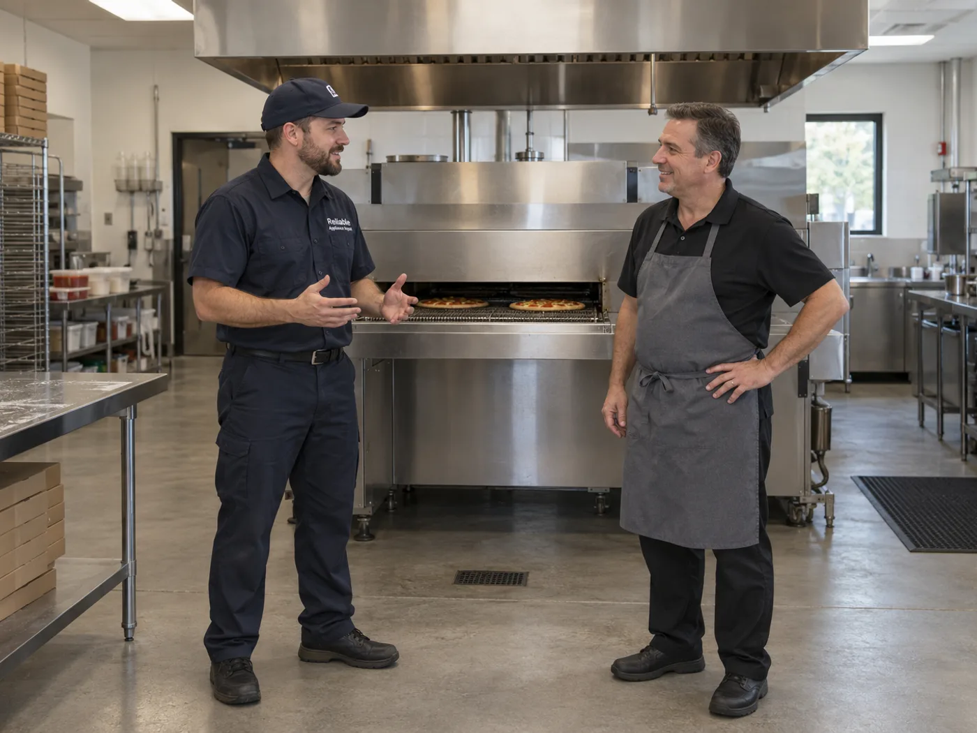 Reliable technician explaining a completed commercial conveyor oven repair