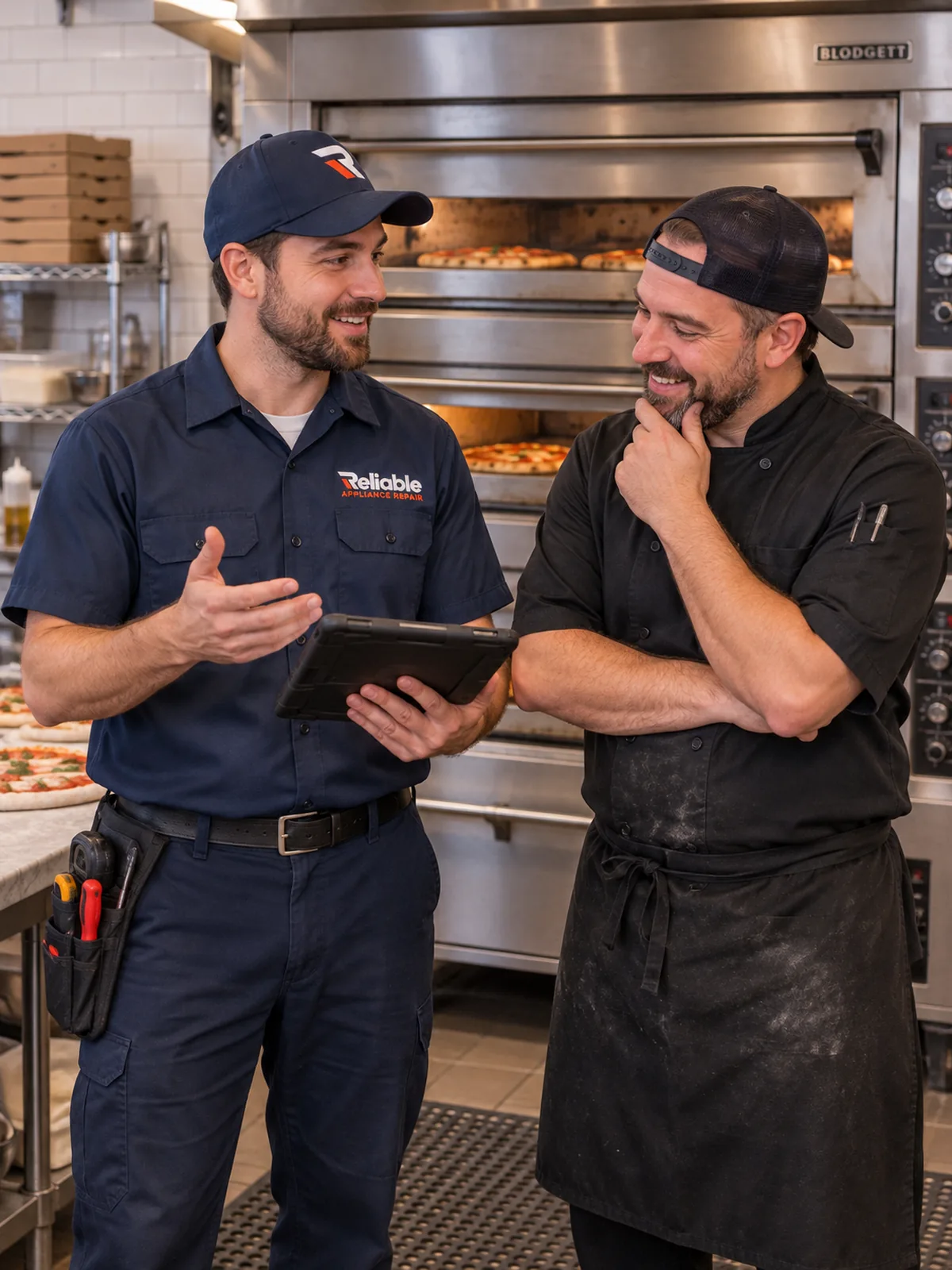 Reliable technician explaining a completed commercial deck oven repair