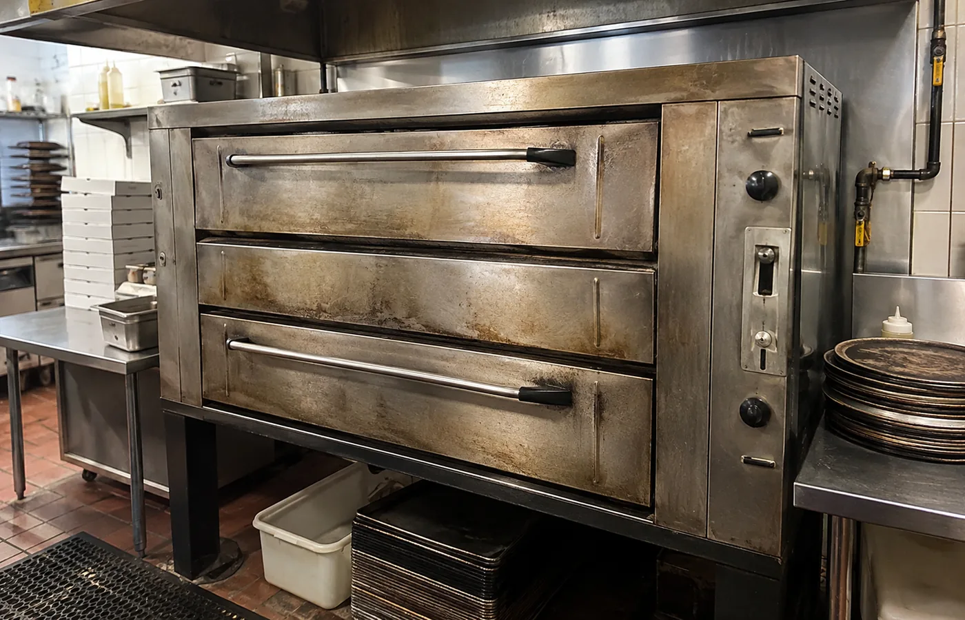 Older gas deck oven ready after door-seal repair