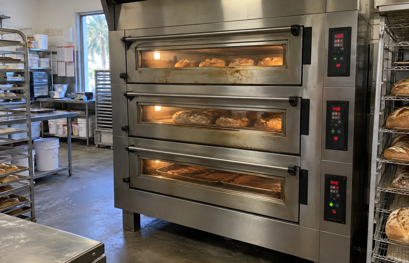 Three-deck bakery oven after temperature-recovery service
