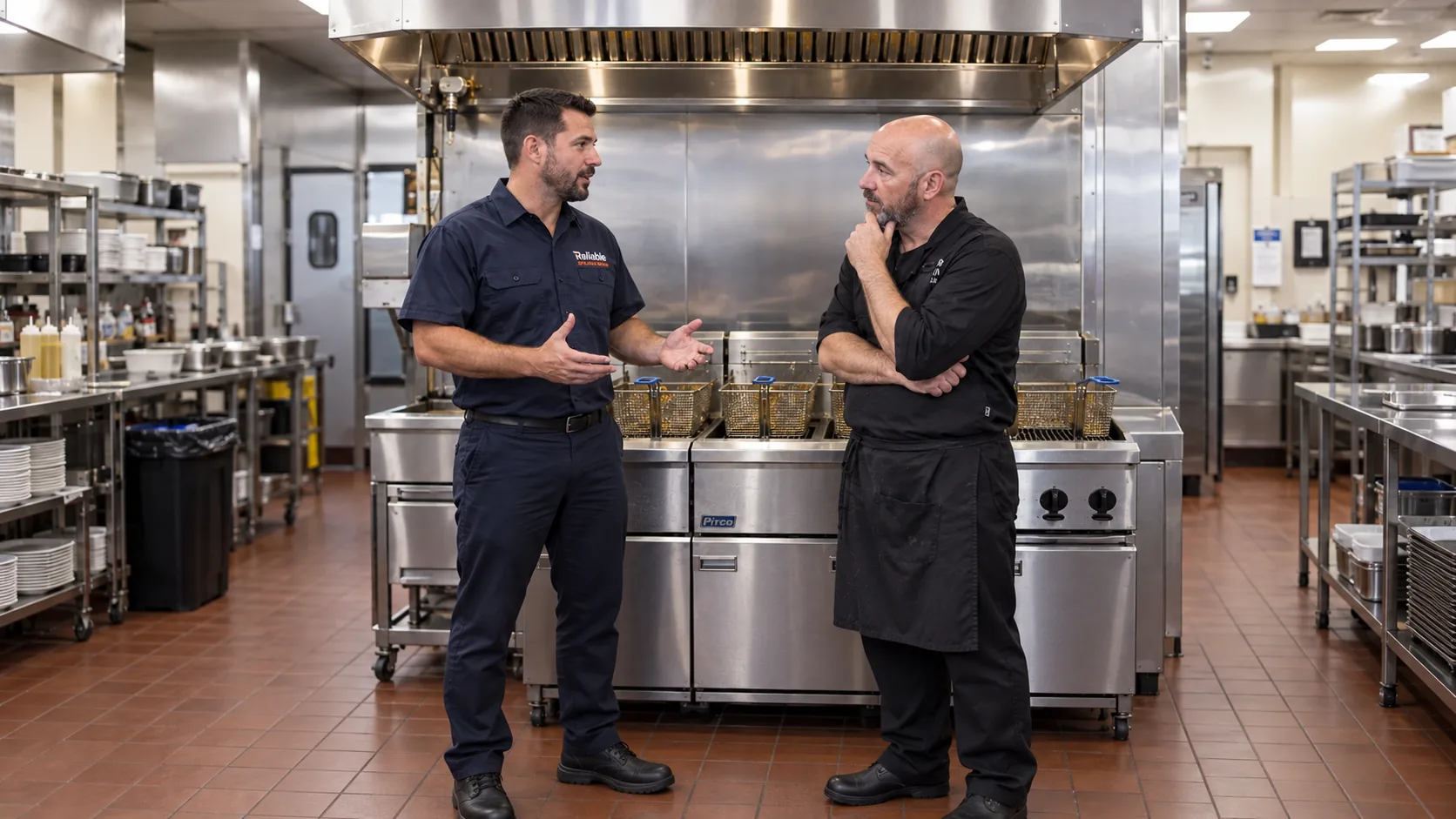 Reliable technician explaining a completed commercial fryer repair