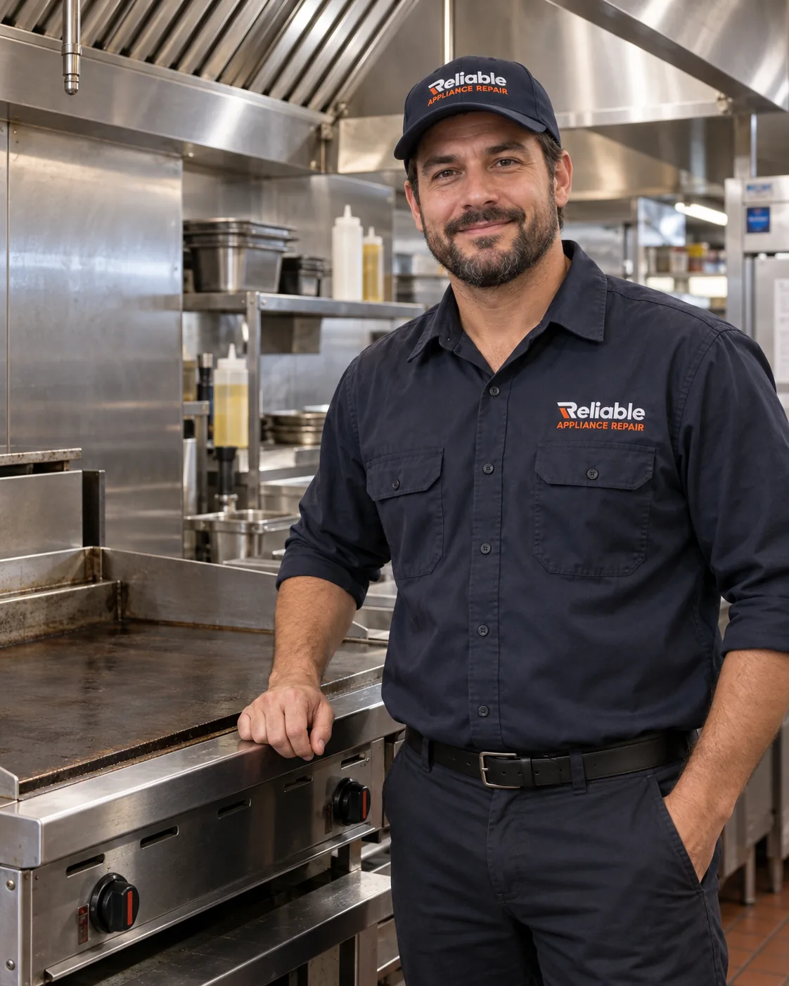 Reliable technician inspecting a commercial flat-top griddle in Tampa