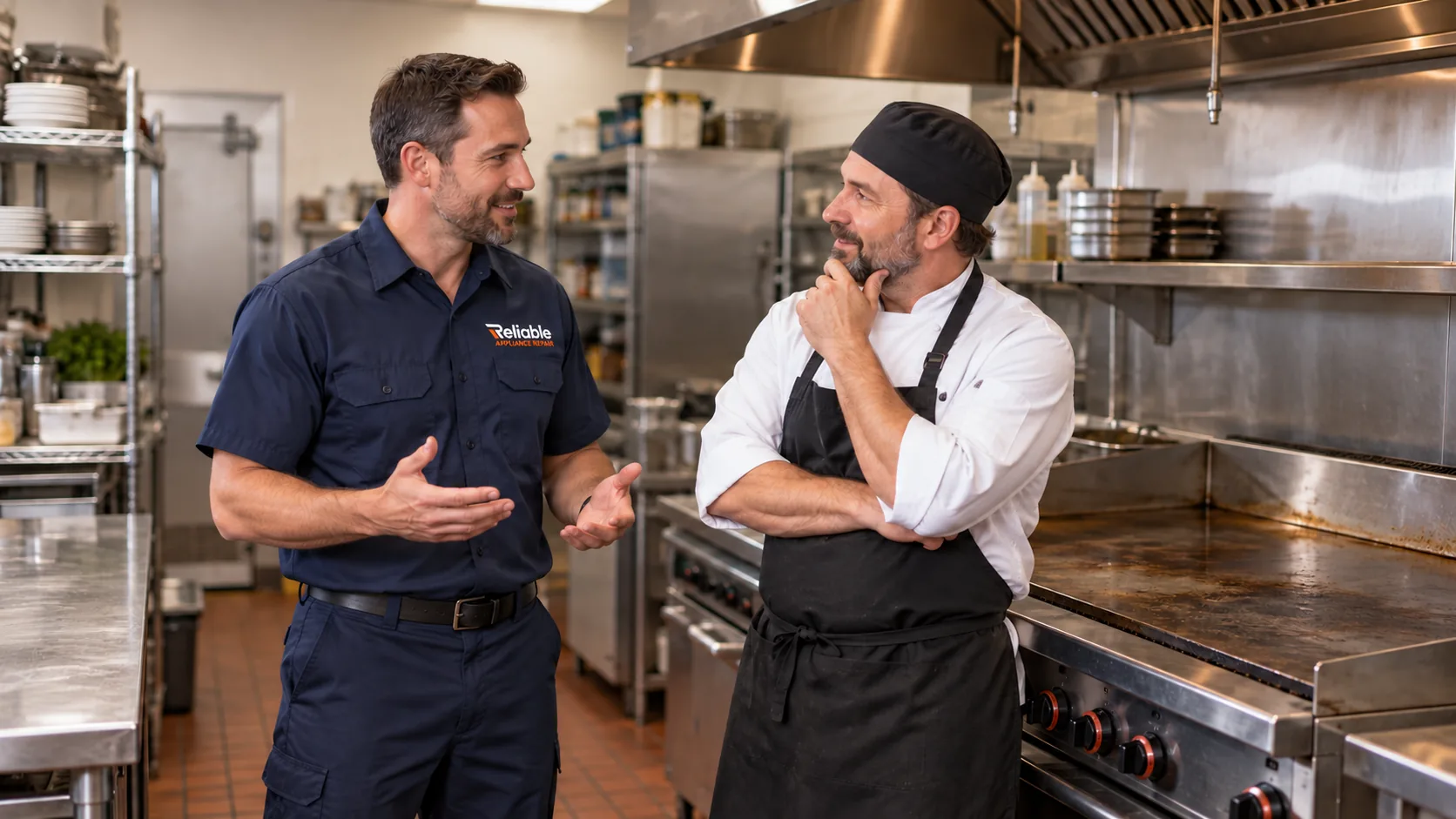 Reliable technician explaining a completed commercial griddle repair