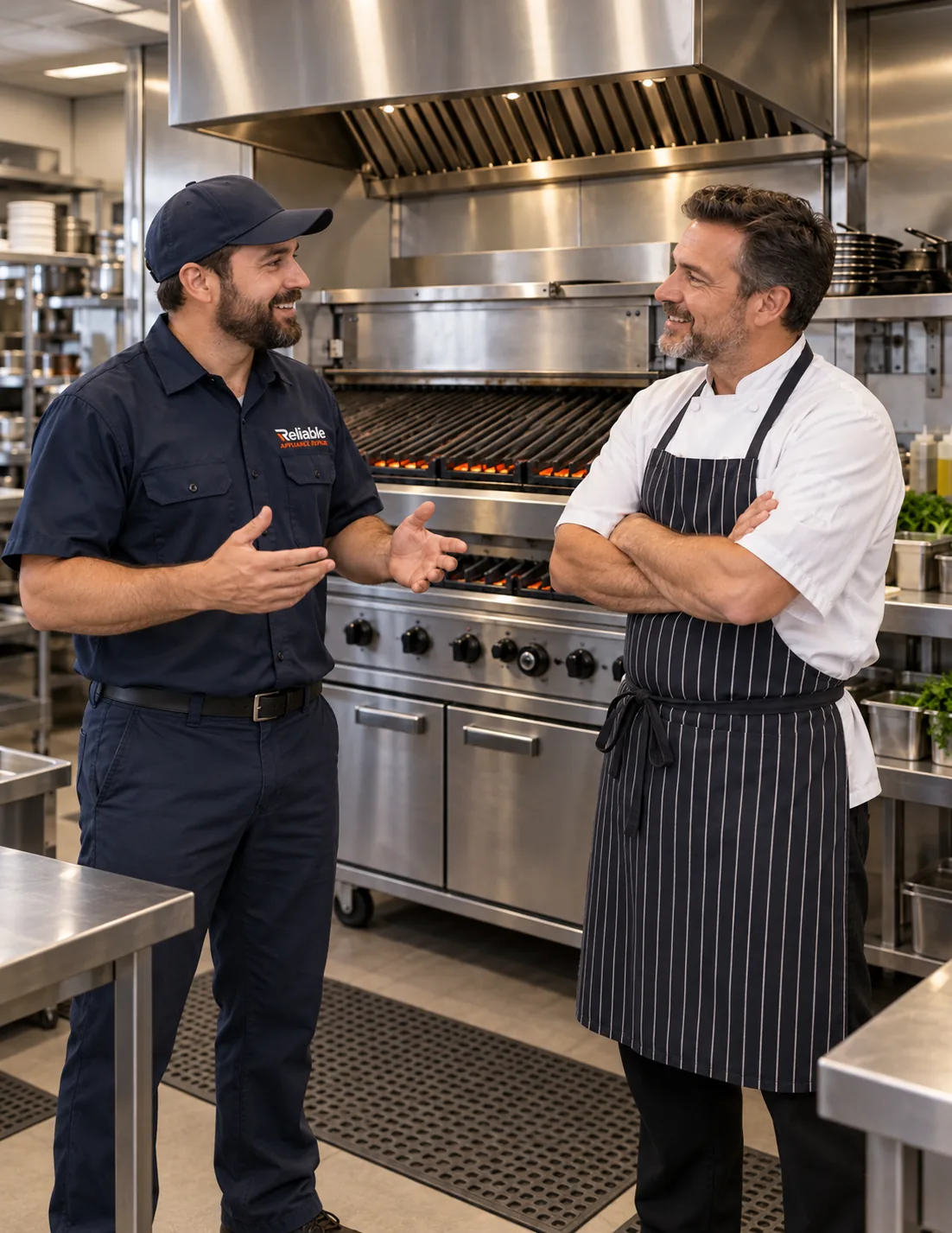 Reliable technician explaining a completed commercial charbroiler repair