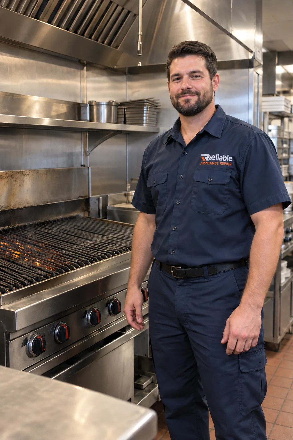 Reliable technician inspecting a commercial charbroiler in Tampa