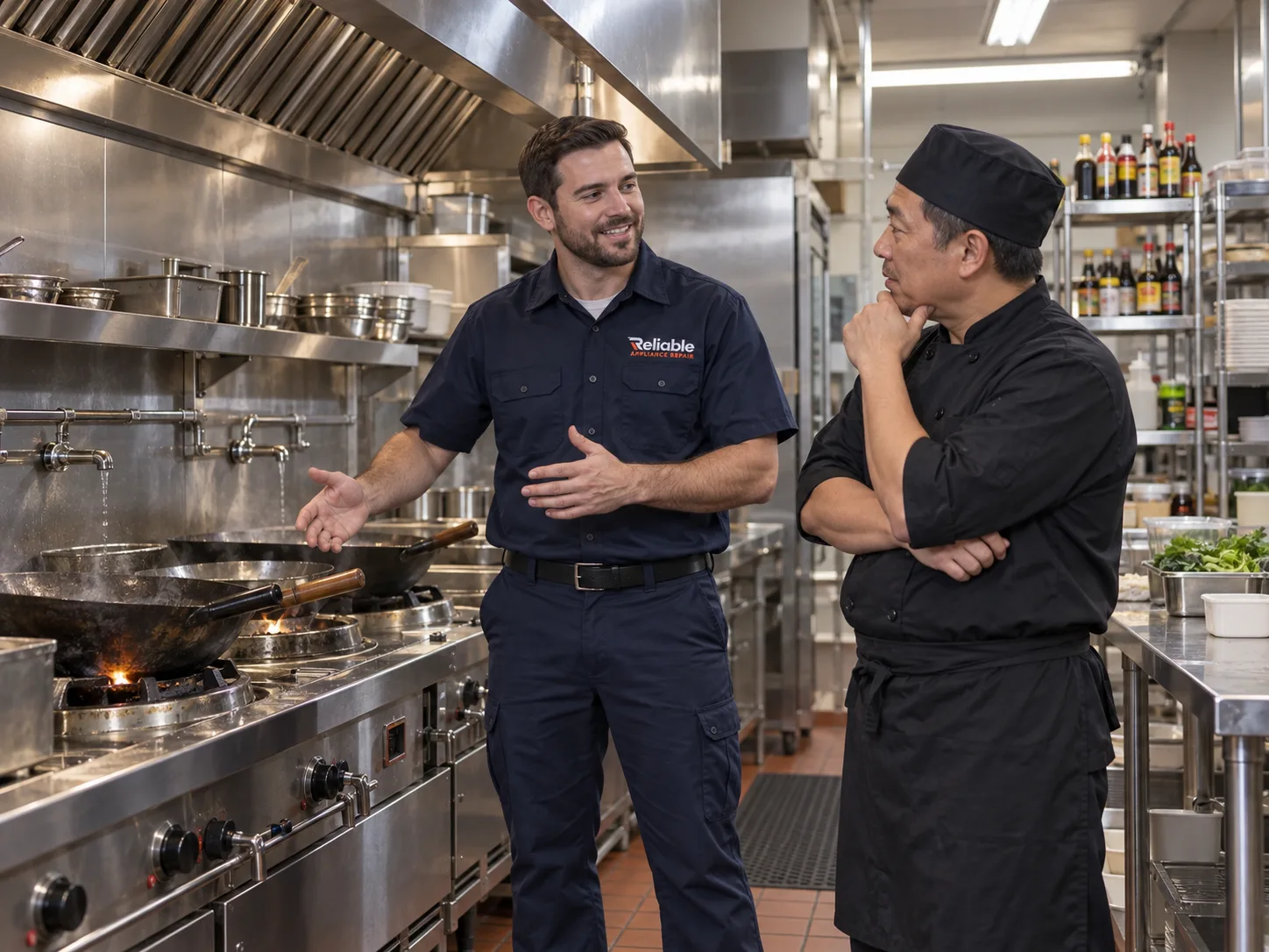 Reliable technician explaining a completed commercial wok range repair