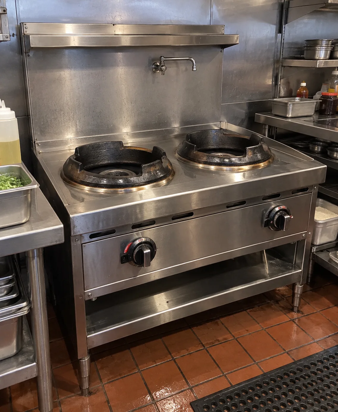 Two-burner commercial wok range ready for use after ignition service in Ybor City