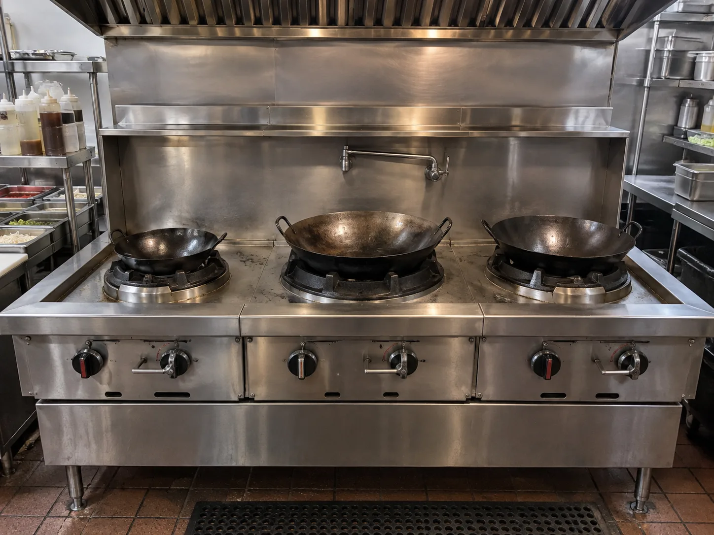 Three-station commercial wok range after pilot service near Brandon Florida
