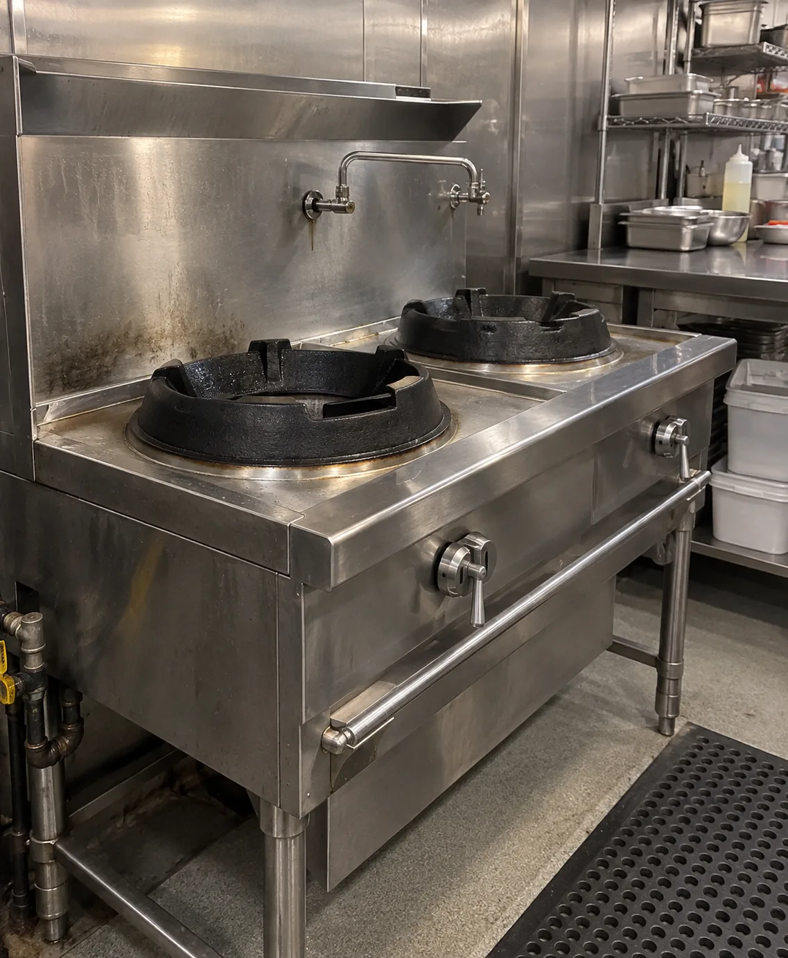 Compact two-station wok range after uneven heat repair in St Petersburg