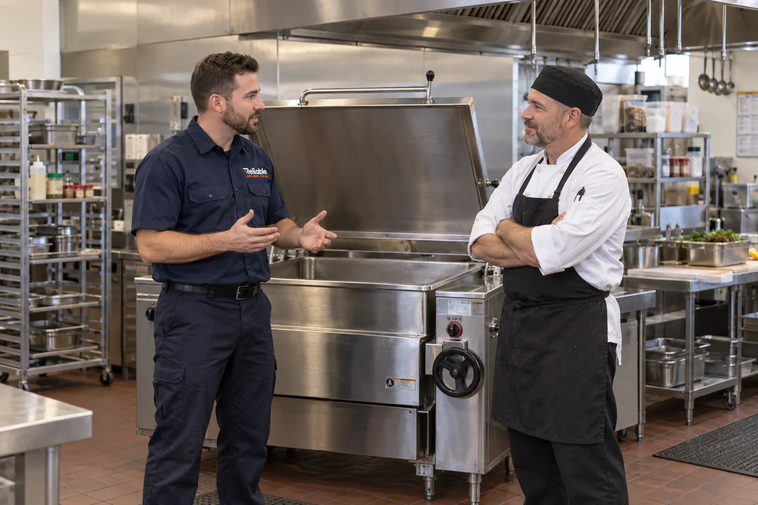 Reliable technician explaining a completed commercial tilt skillet repair