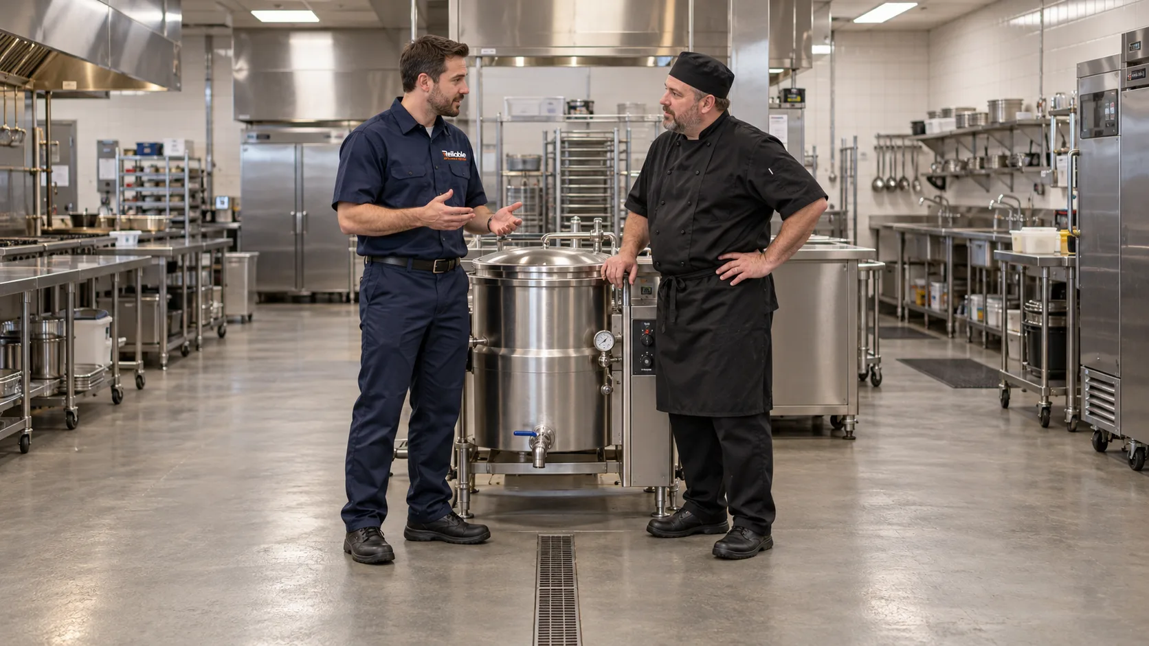 Reliable technician explaining a completed commercial steam kettle repair