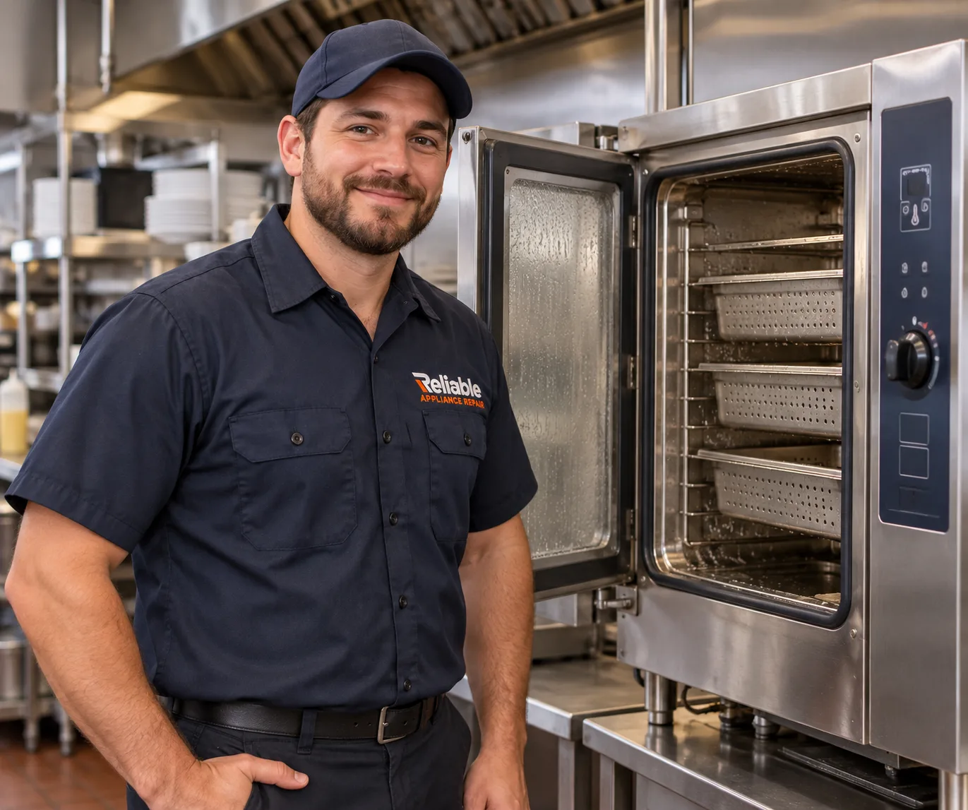 Reliable technician reviewing completed commercial steamer service in Tampa
