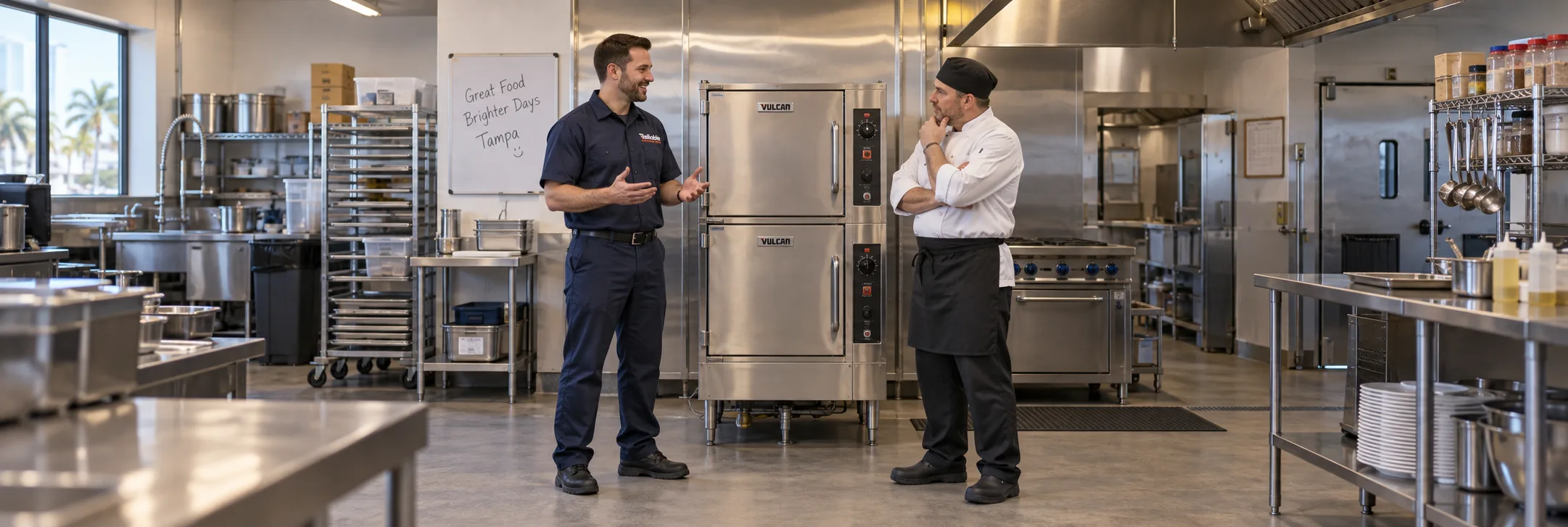 Reliable technician explaining completed commercial steamer repair