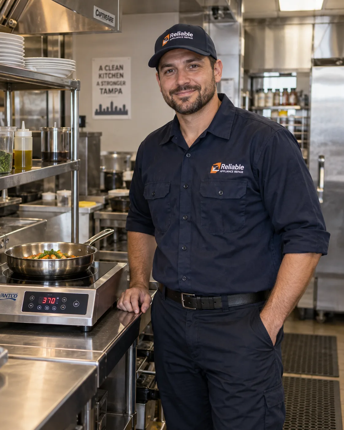 Reliable technician reviewing completed commercial induction cooker service in Tampa