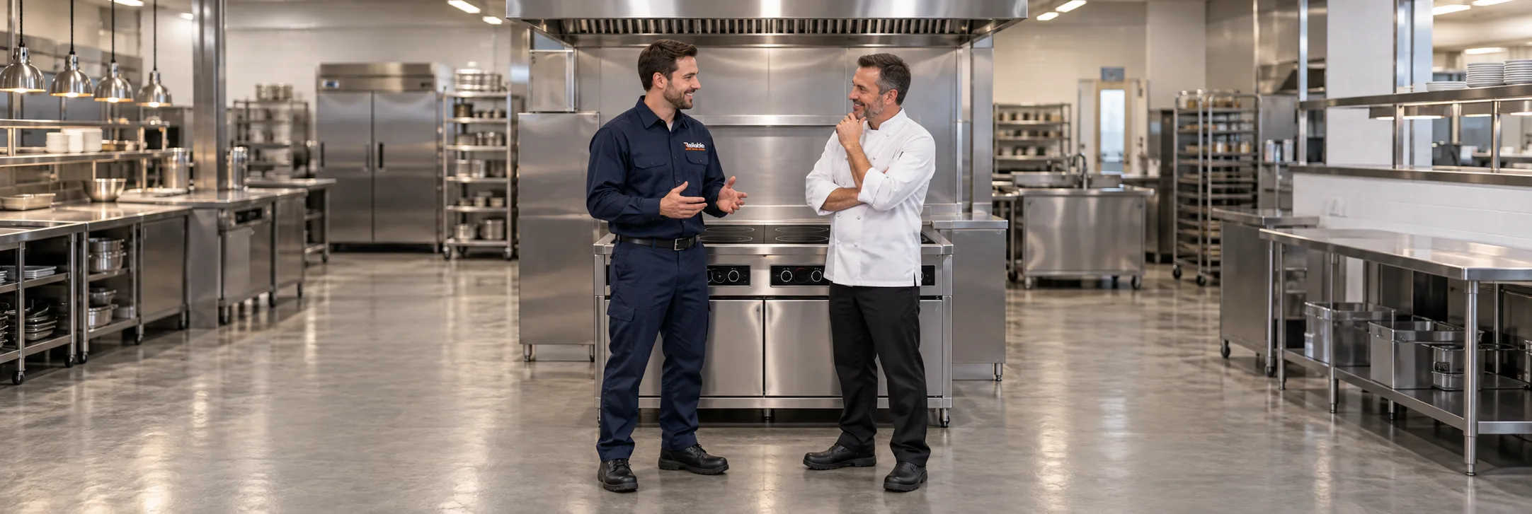 Reliable technician explaining completed commercial induction cooker repair