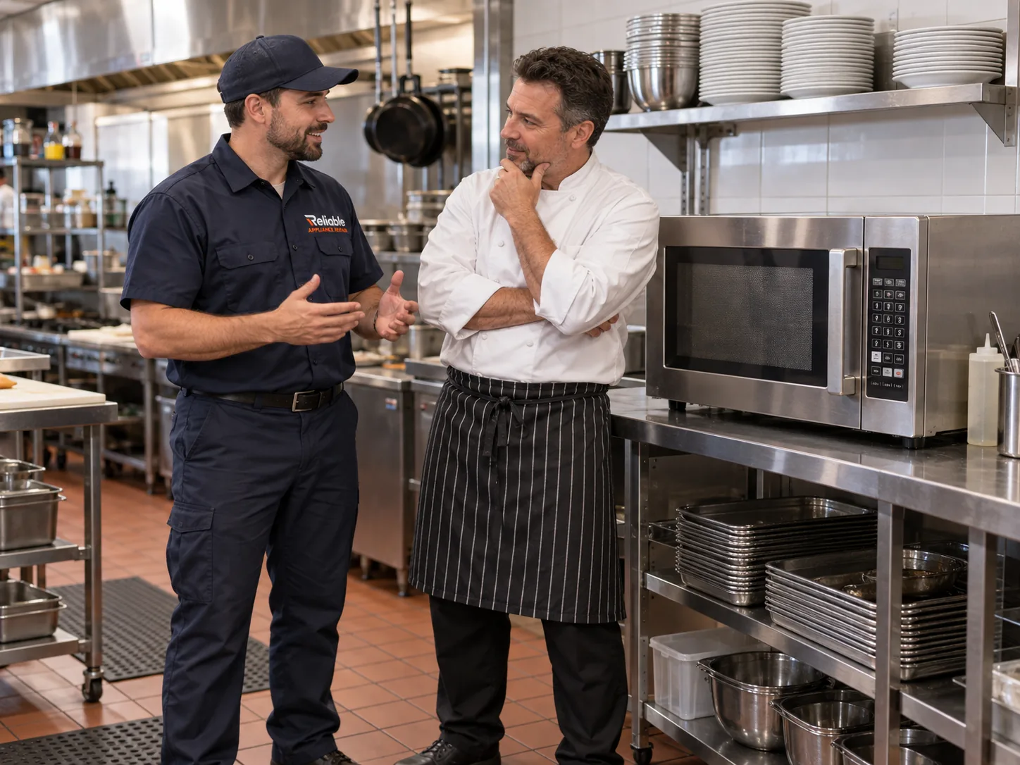 Reliable technician explaining completed commercial microwave repair