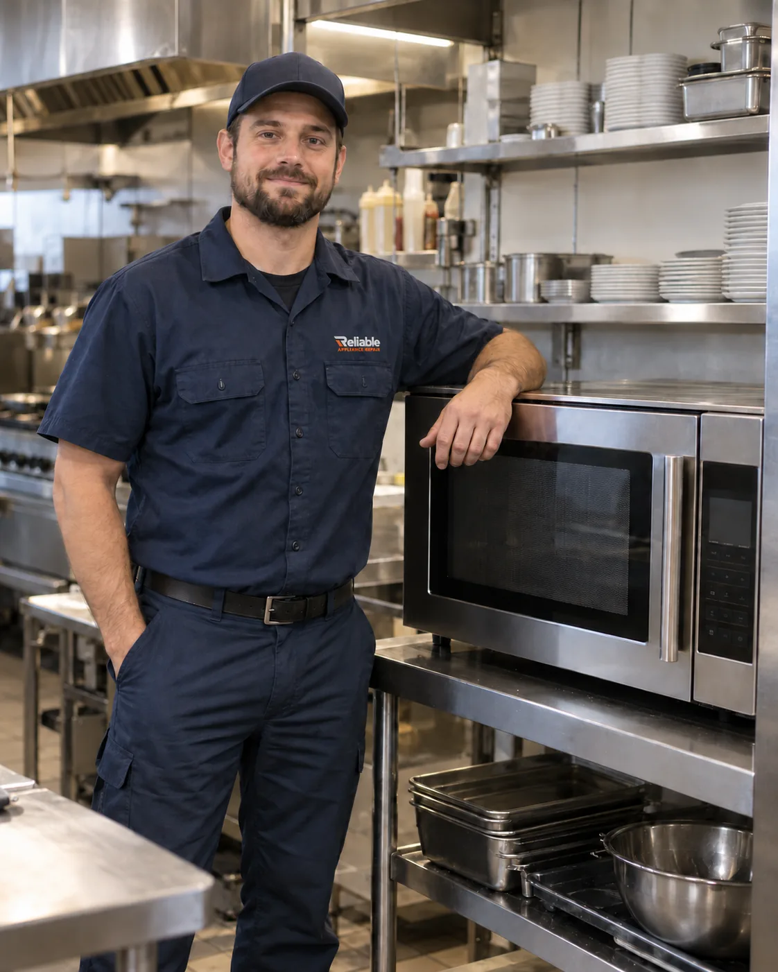 Reliable technician reviewing completed commercial microwave service in Tampa