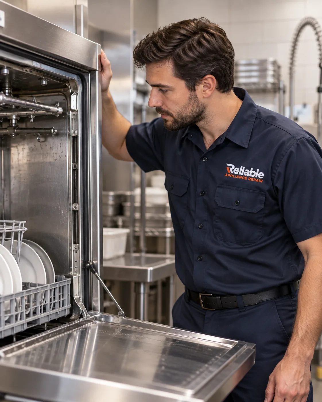 Reliable technician beside a commercial dishwasher in Atlanta