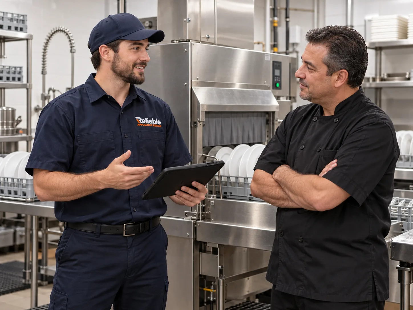 Reliable technician discussing commercial dishwasher service with a kitchen manager