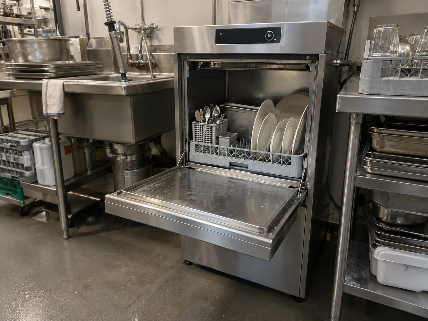 Undercounter commercial dishwasher after leak repair
