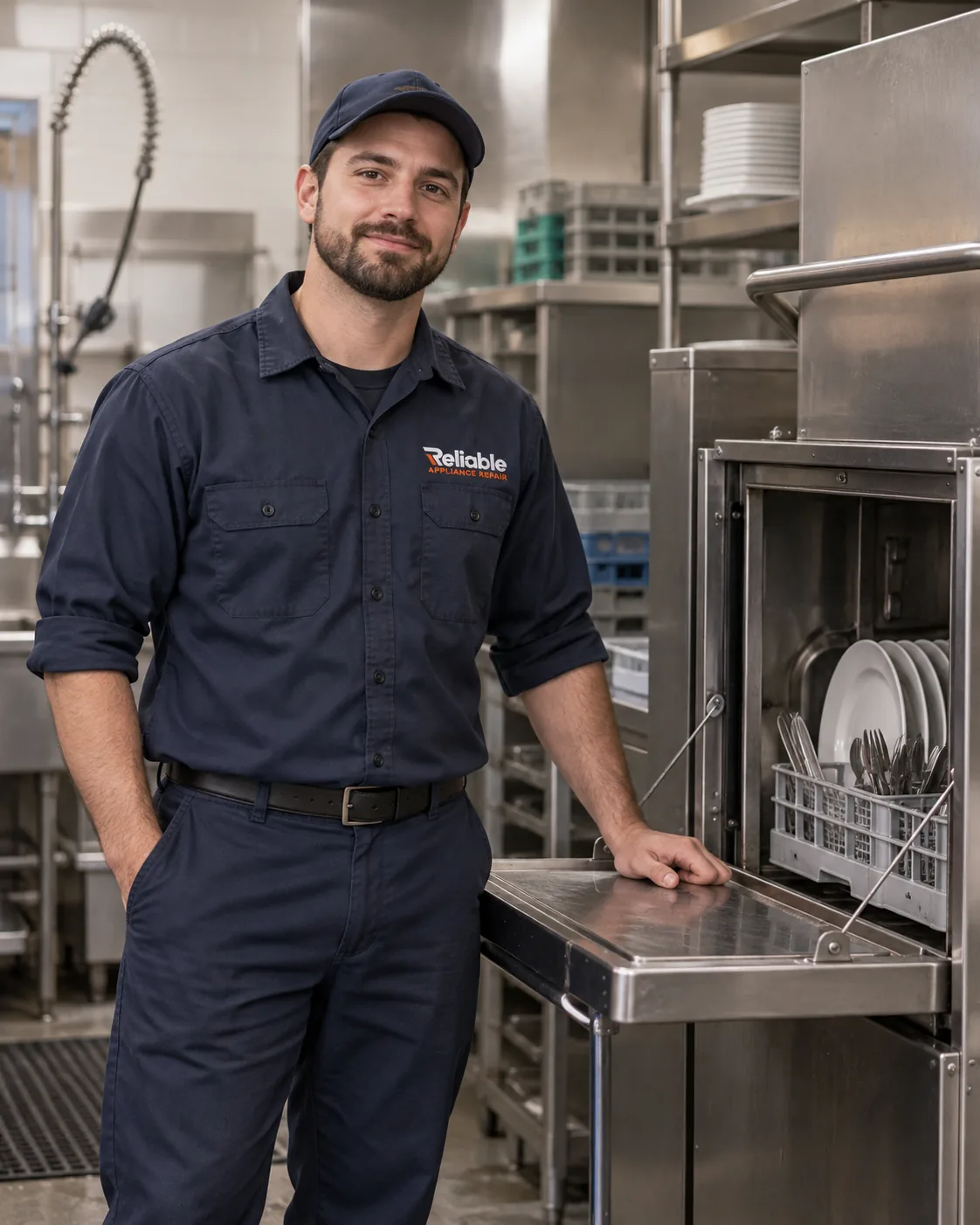 Reliable technician beside a commercial dishwasher in Tampa