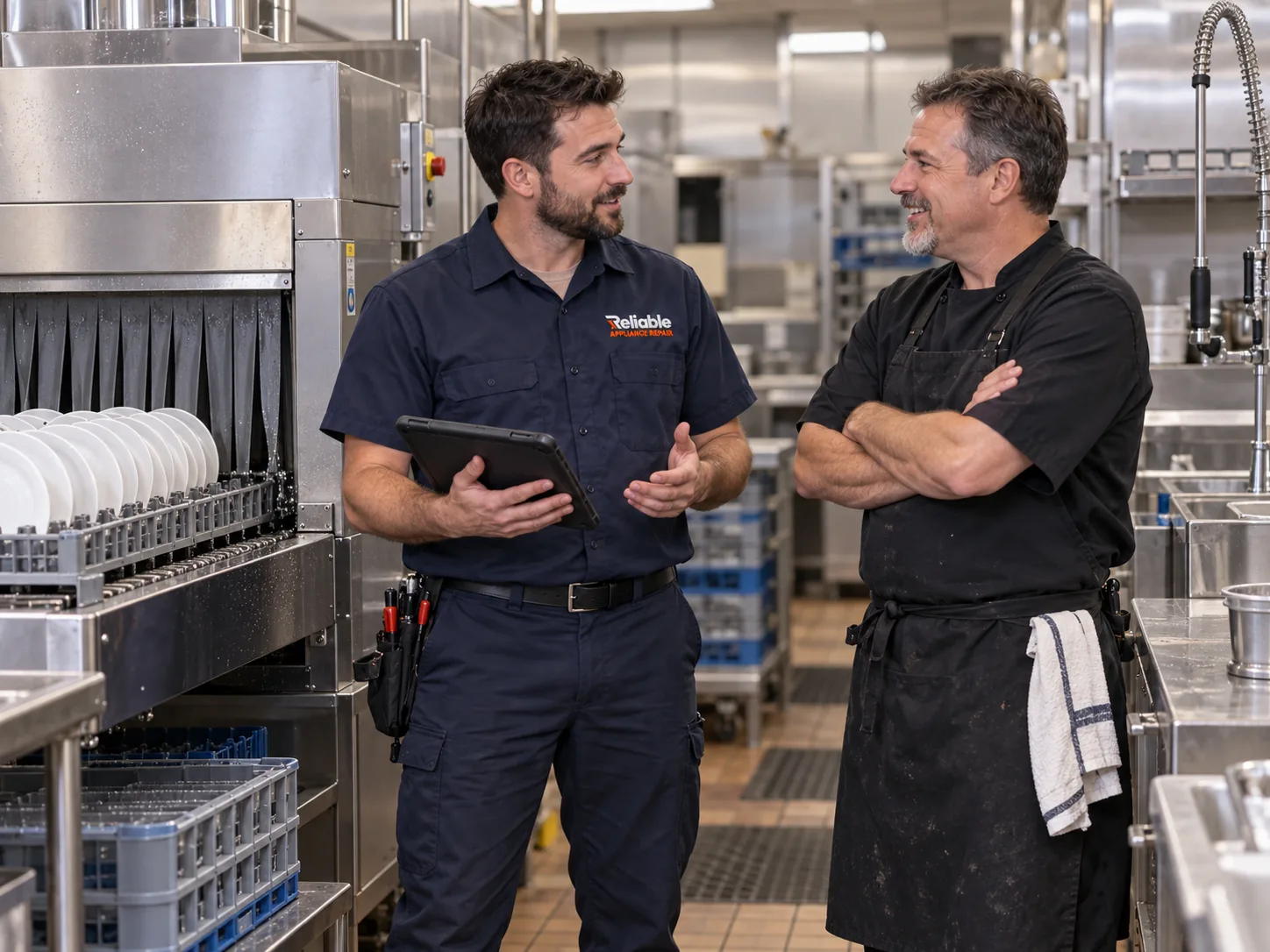 Reliable technician discussing commercial dishwasher service with a kitchen manager
