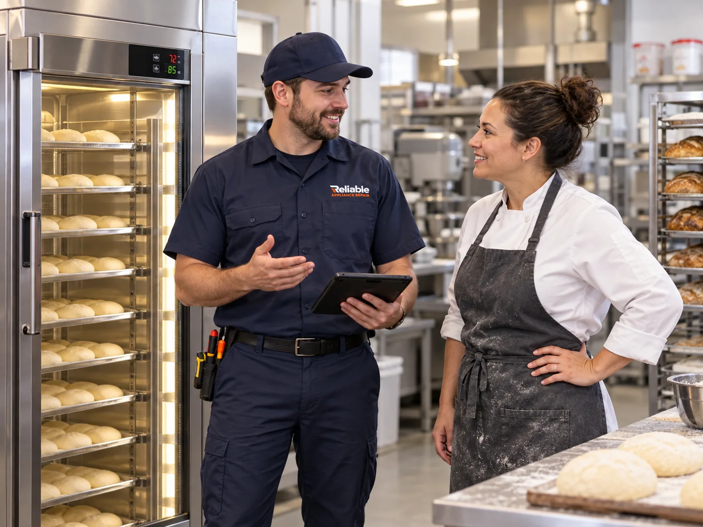 Reliable technician speaking with a bakery manager beside a commercial proofing cabinet