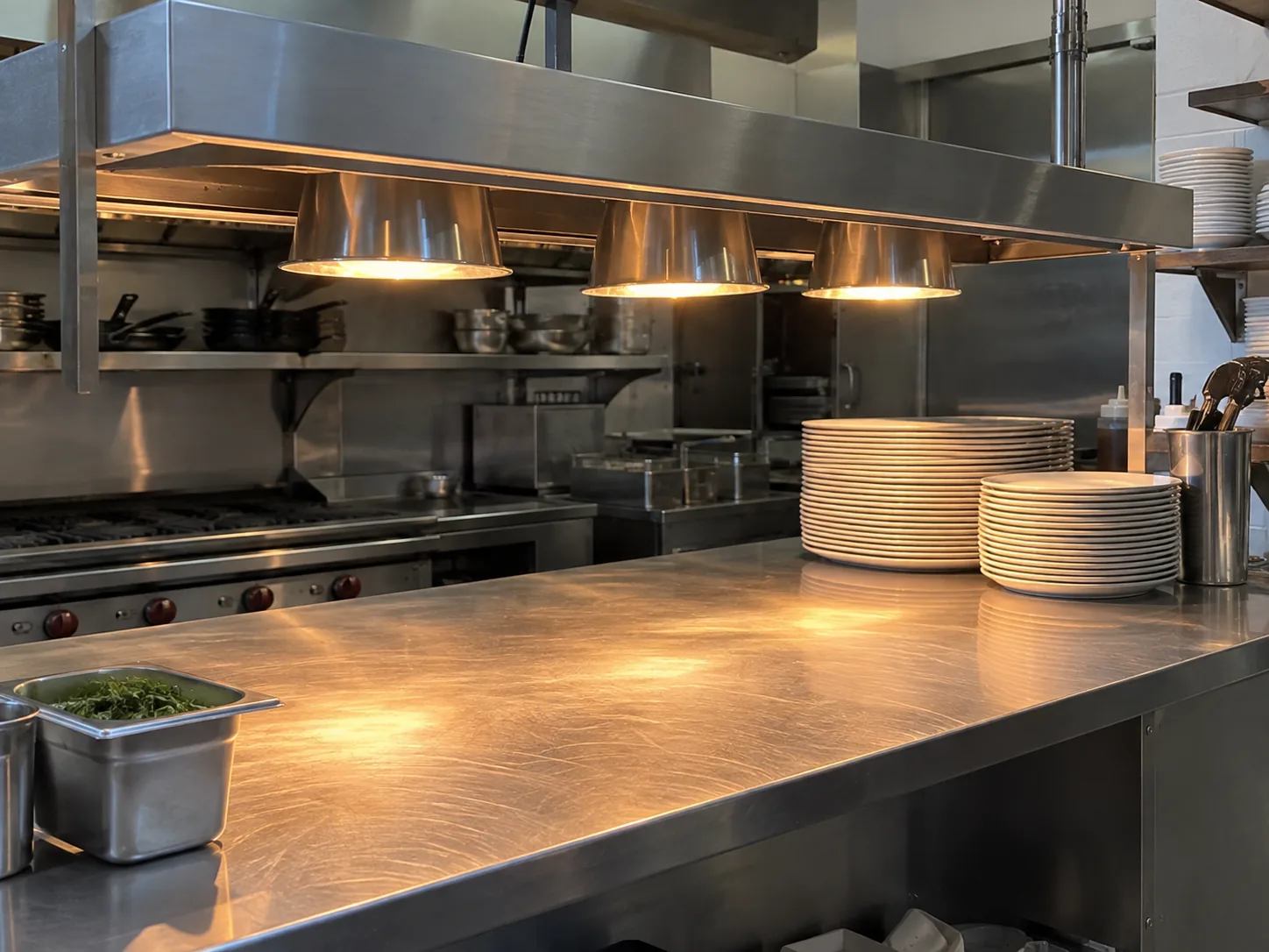 Commercial heat lamp station after service