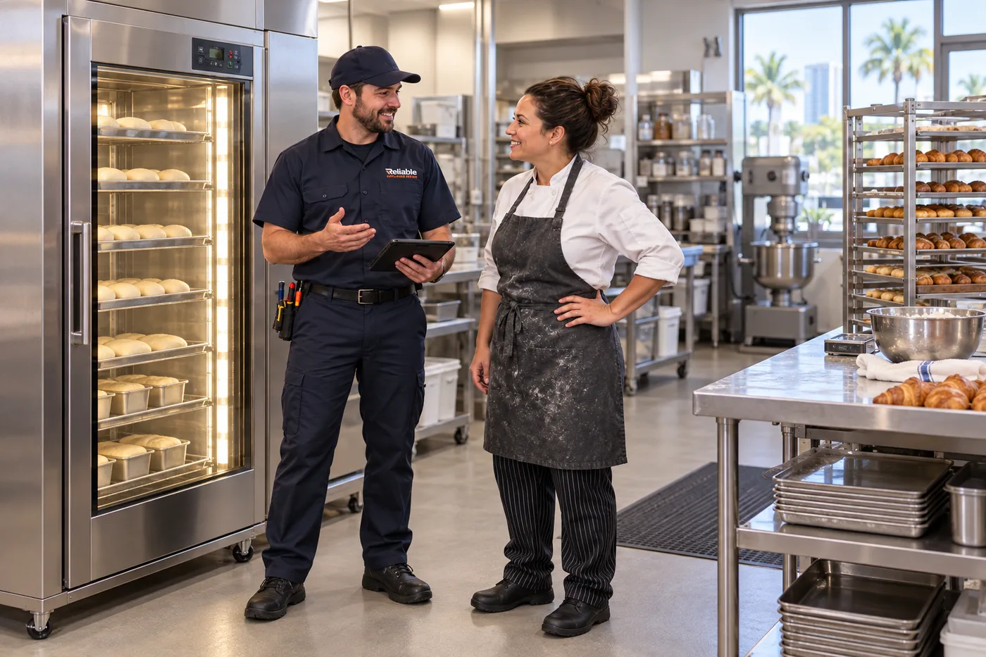 Reliable technician speaking with a bakery manager beside a commercial proofing cabinet