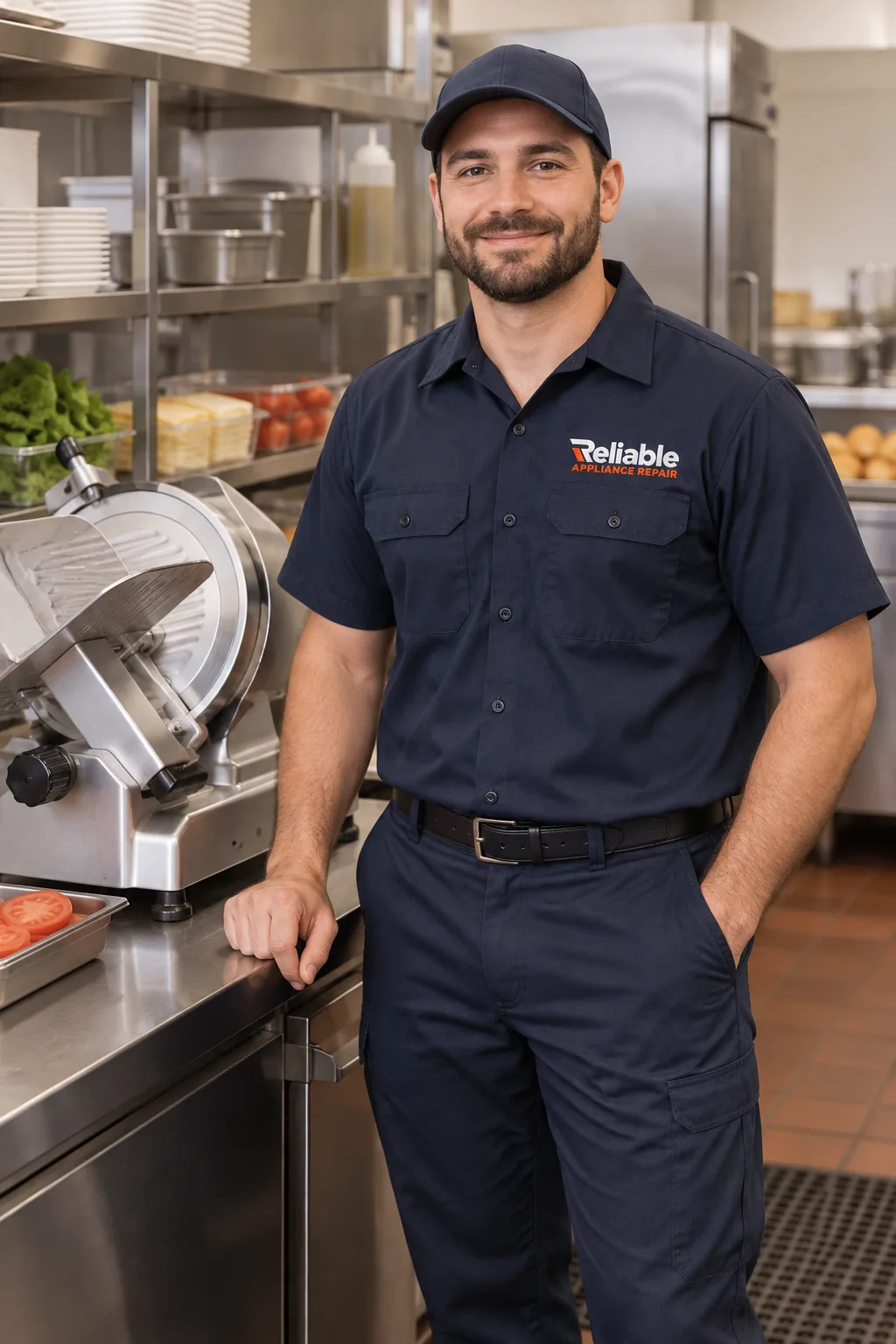 Reliable technician beside a commercial slicer in an Atlanta prep kitchen