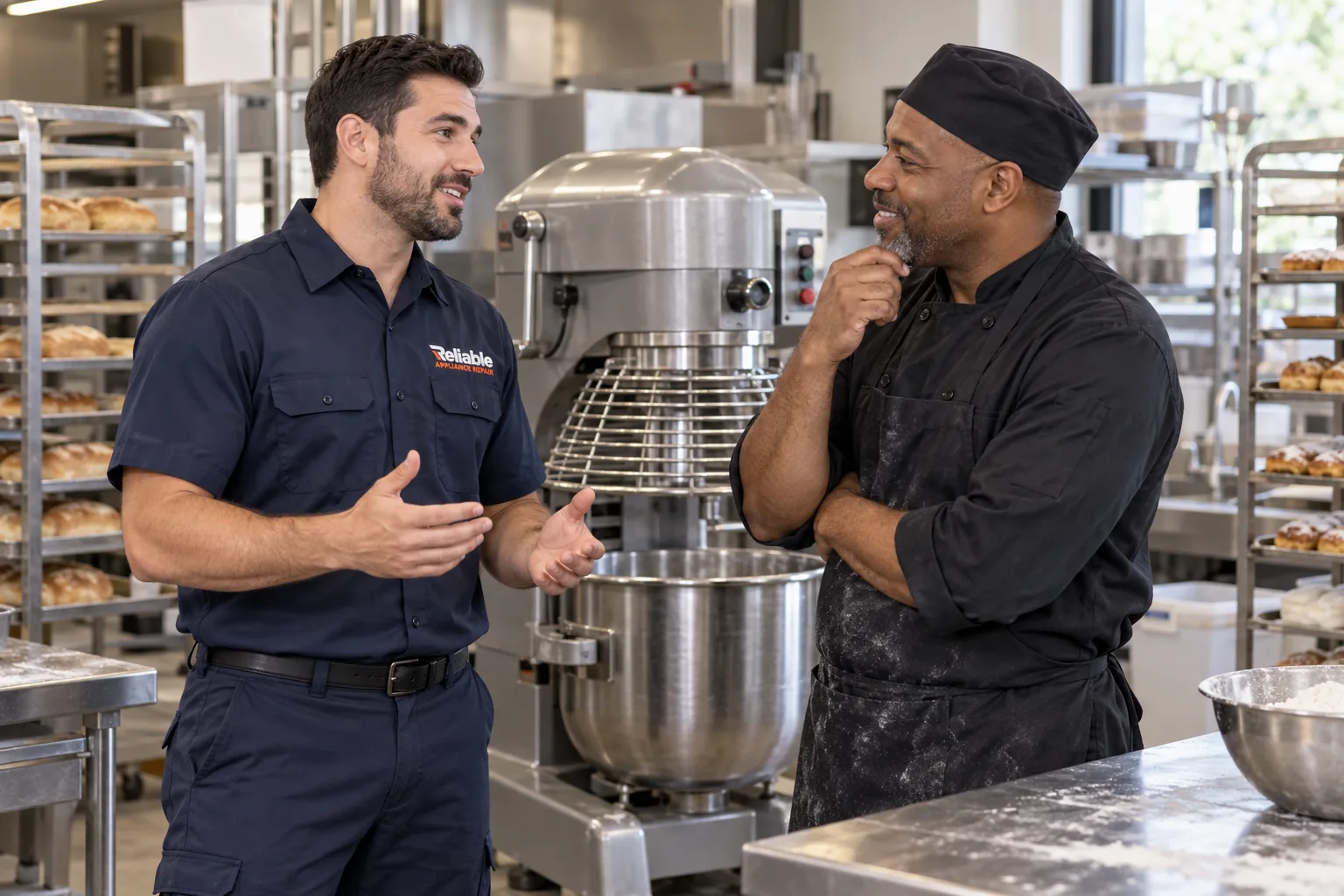 Reliable technician discussing a commercial planetary mixer with a bakery manager