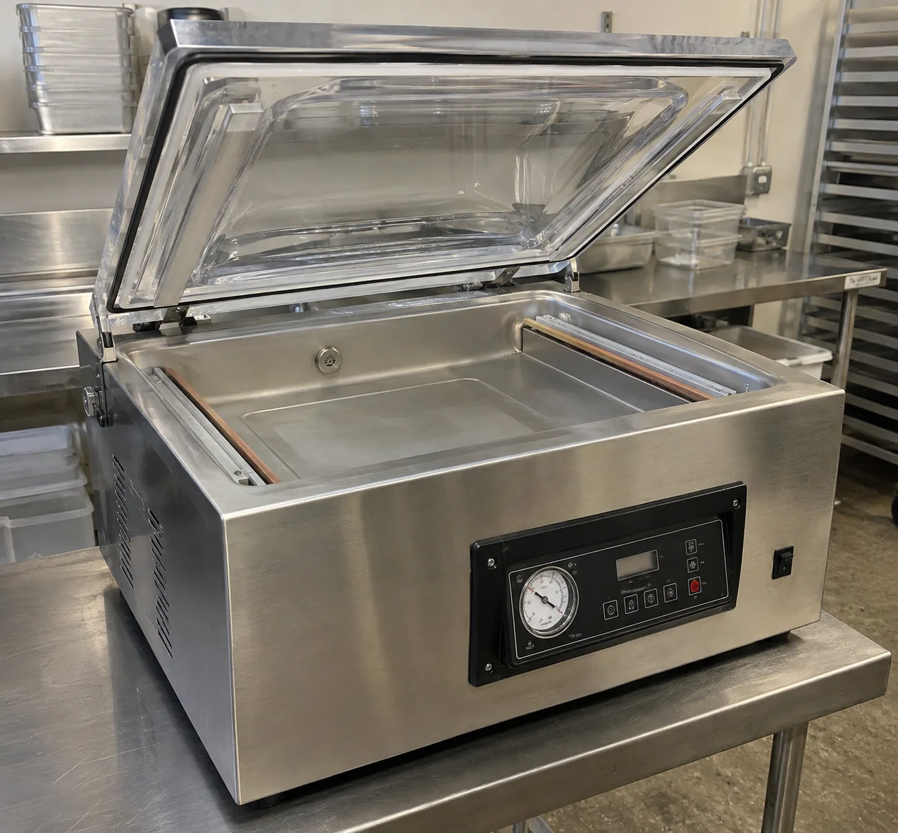 Commercial vacuum packaging machine ready after sealing-system service
