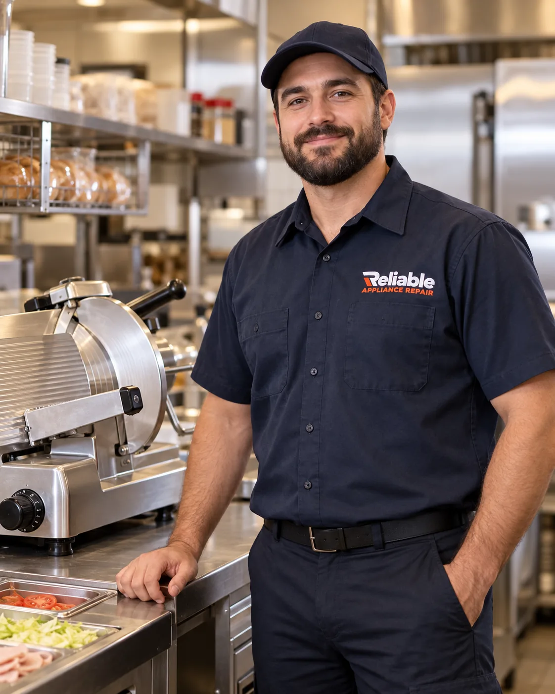 Reliable technician beside a commercial slicer in a Tampa prep kitchen