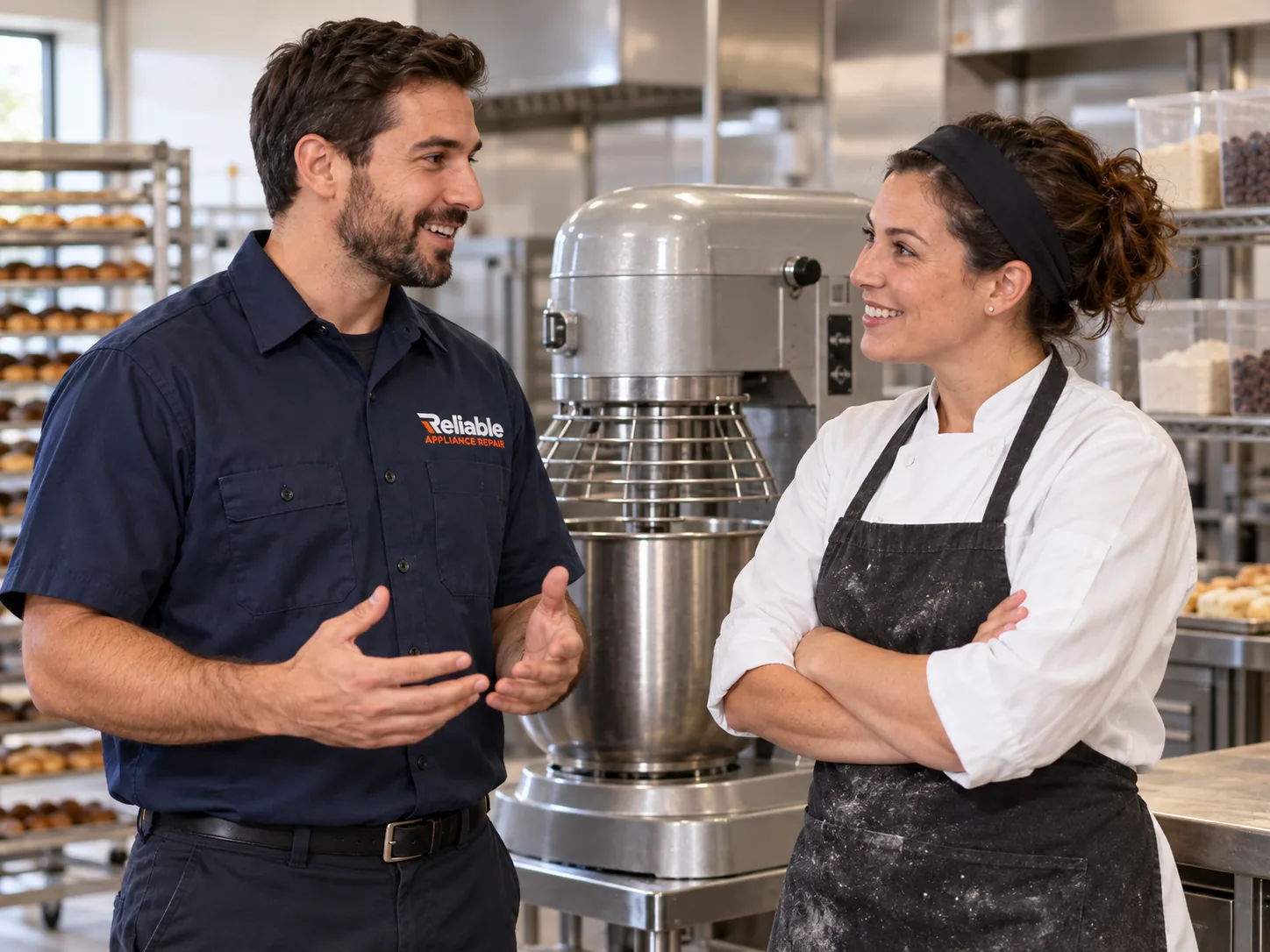 Reliable technician discussing a commercial planetary mixer with a bakery manager