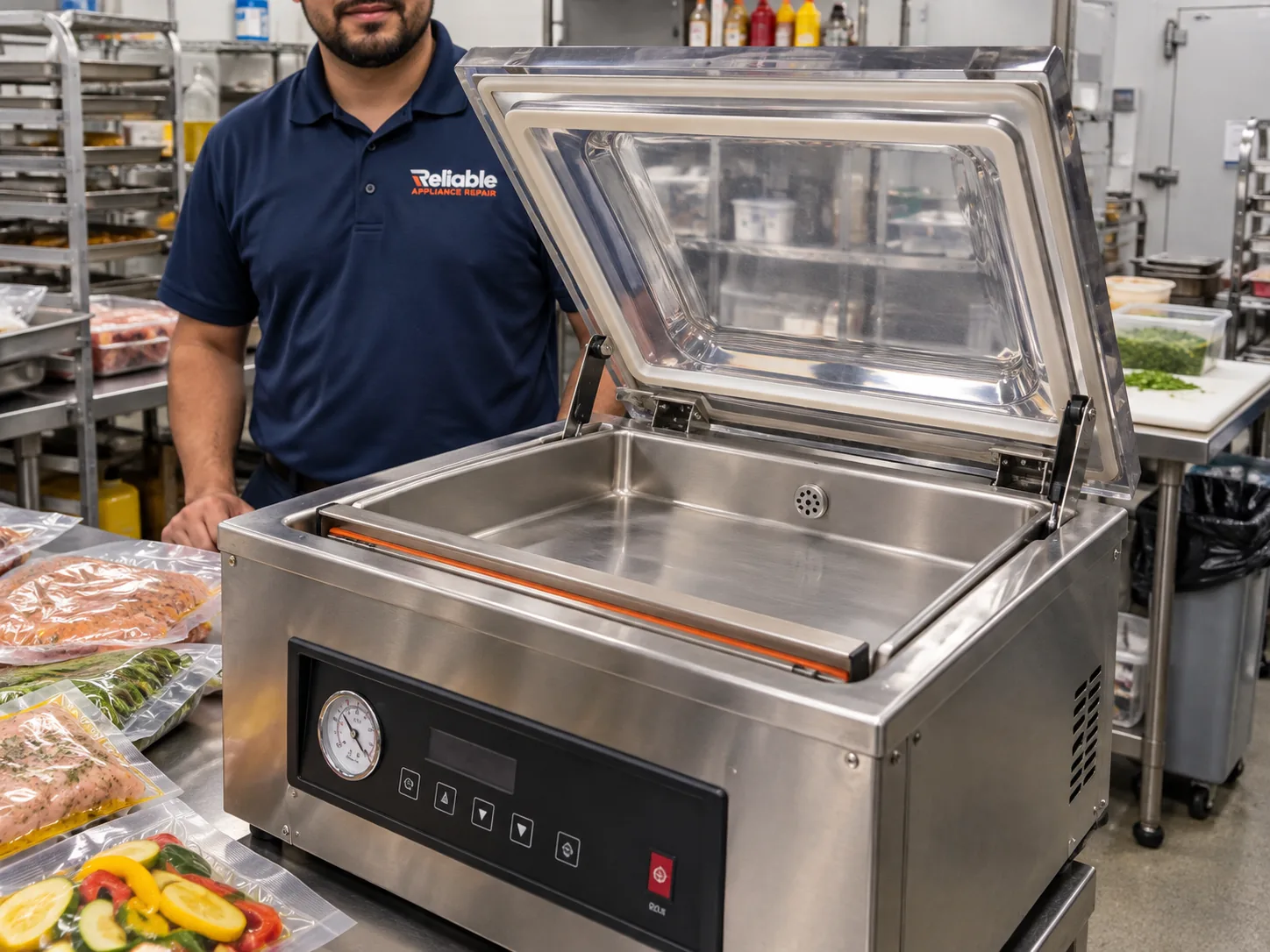 Commercial chamber vacuum packaging machine ready after seal service in Tampa Bay