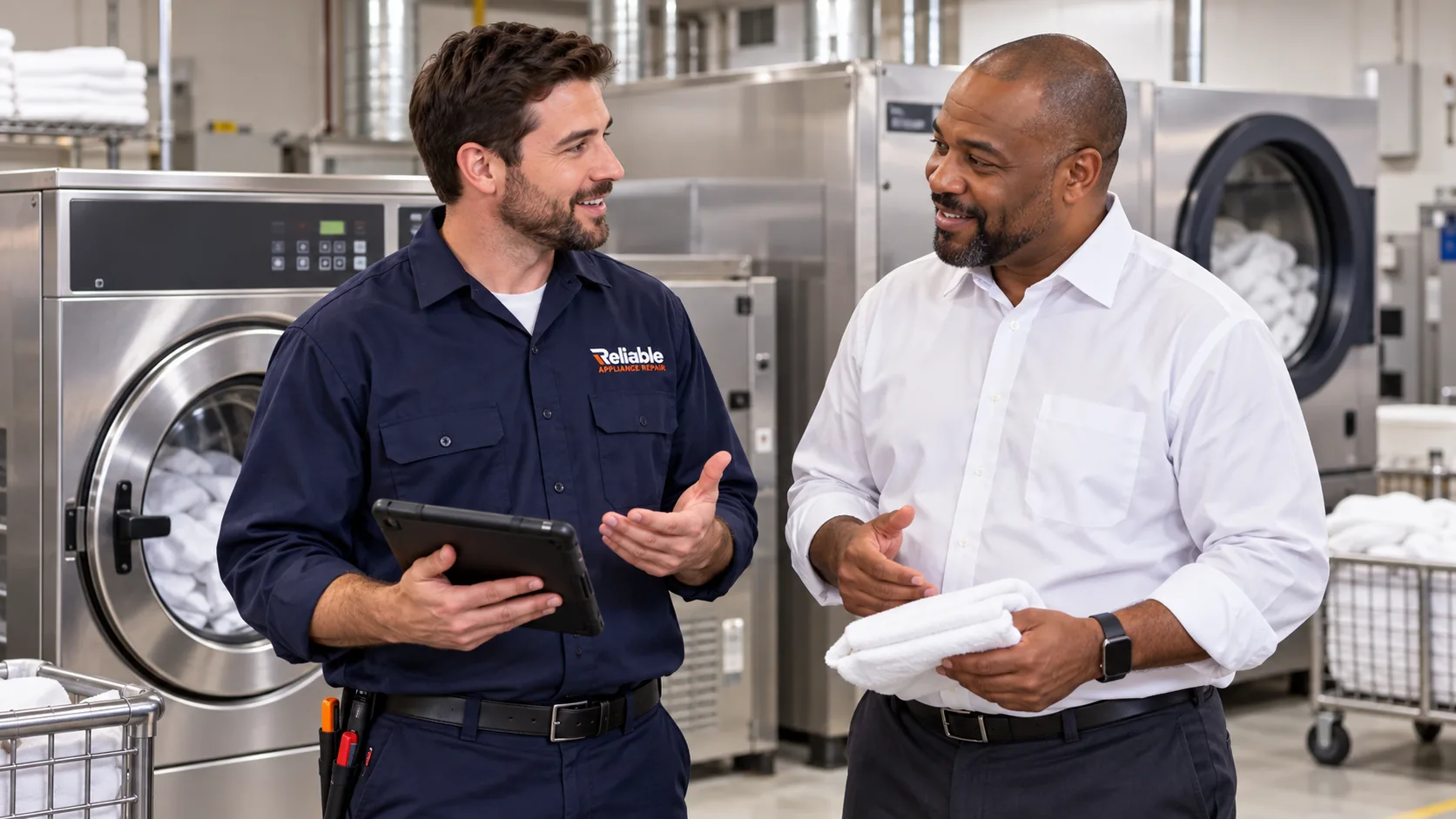 Reliable technician discussing commercial laundry equipment with a hotel laundry manager