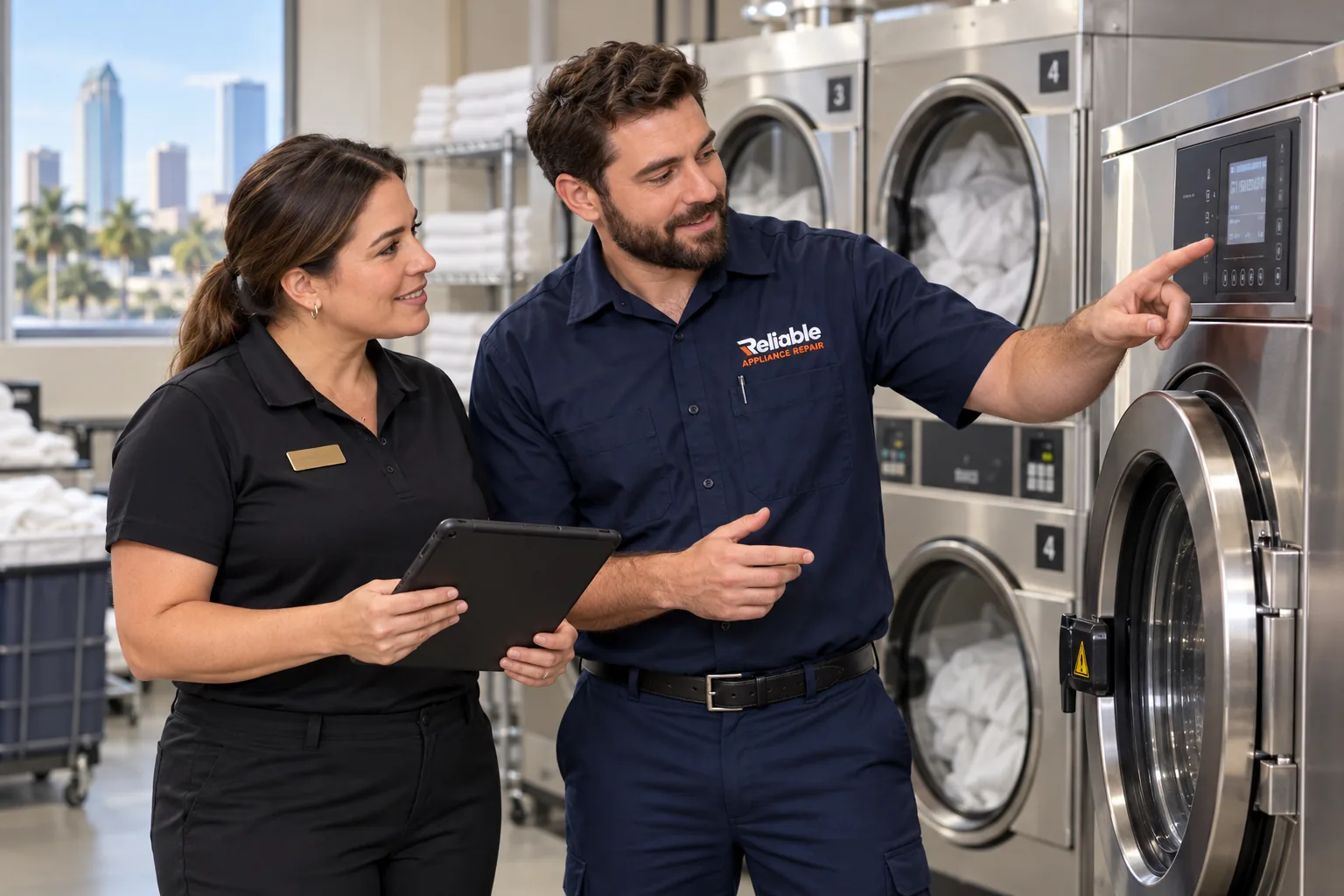 Reliable technician discussing commercial laundry equipment with a hotel laundry manager