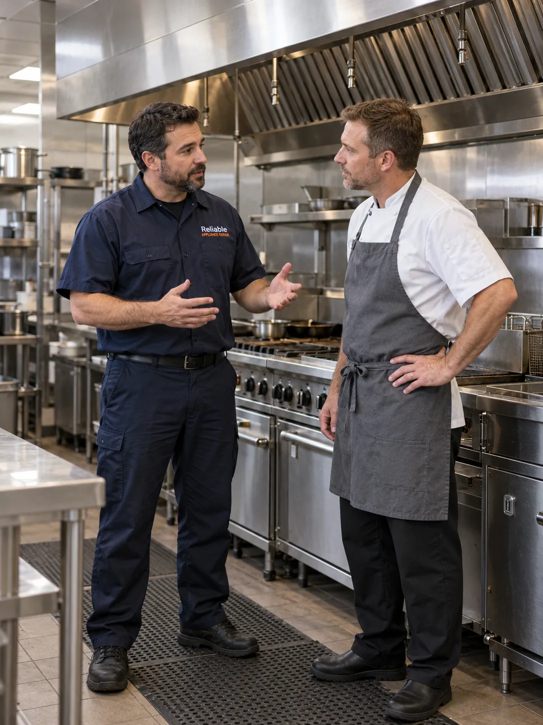 Reliable technician discussing kitchen hood service with a restaurant manager