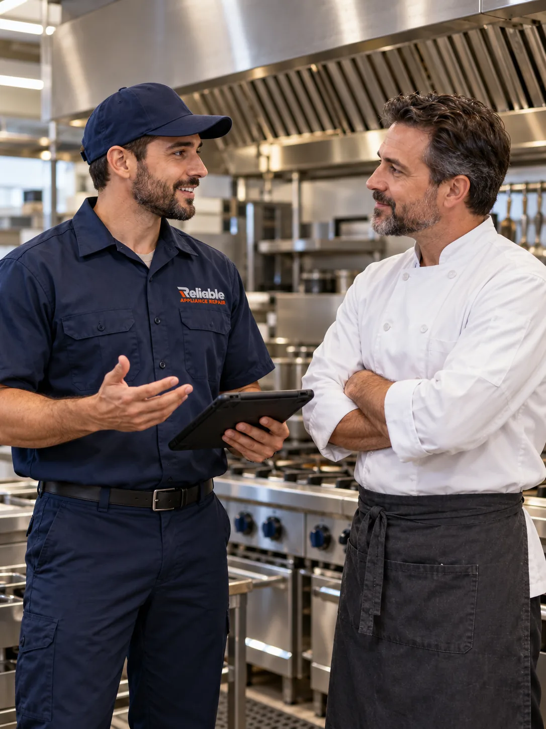 Reliable technician discussing kitchen hood service with a restaurant manager