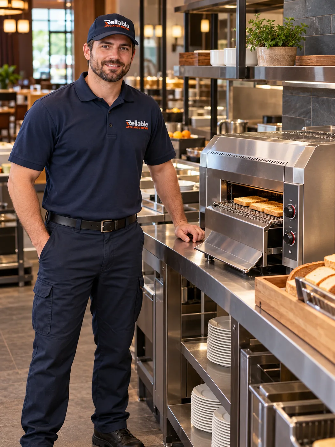 Reliable technician beside a commercial conveyor toaster in an Tampa kitchen