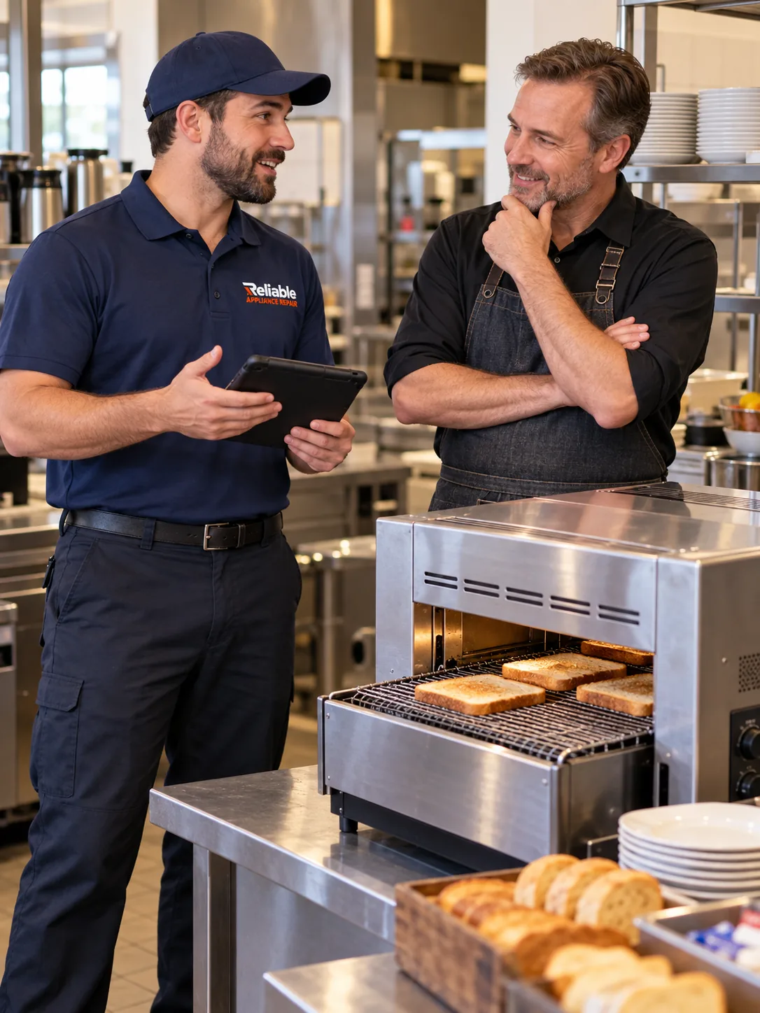 Reliable technician explaining completed commercial conveyor toaster repair