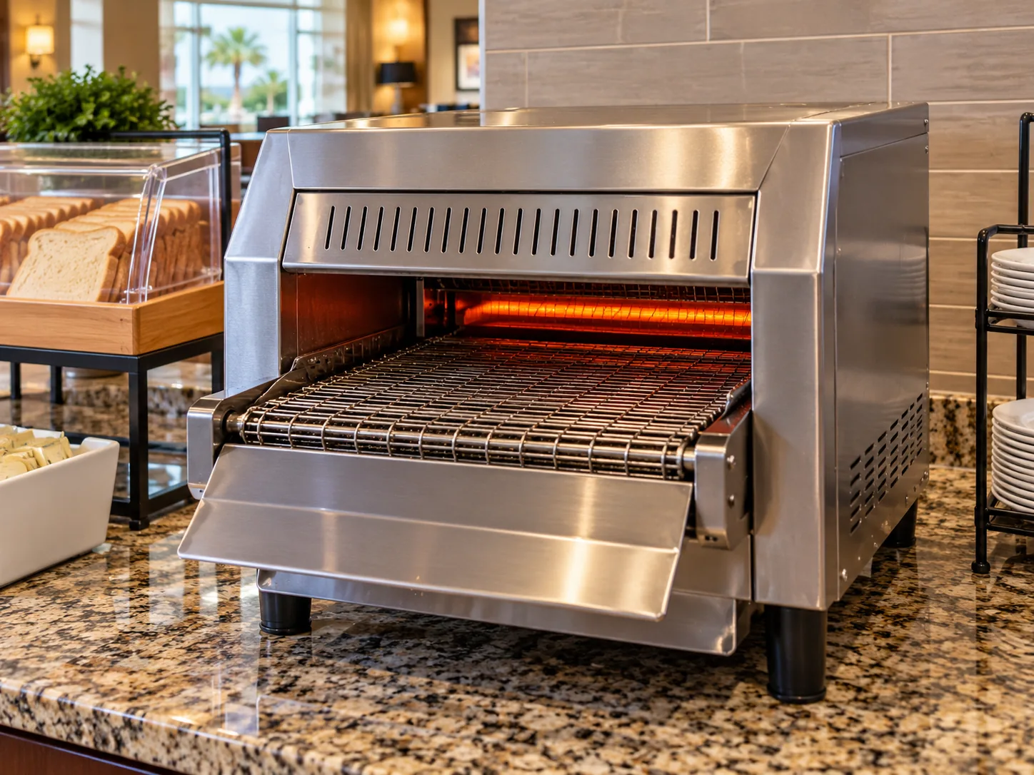 Commercial conveyor toaster after belt drive service in a Tampa hotel breakfast kitchen