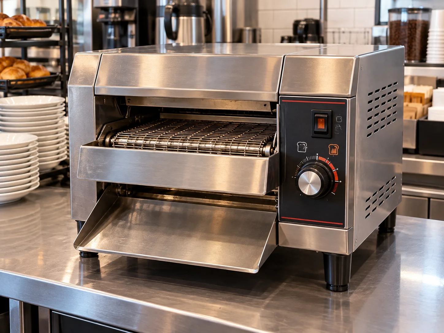 Commercial conveyor toaster after speed calibration in a South Tampa cafe