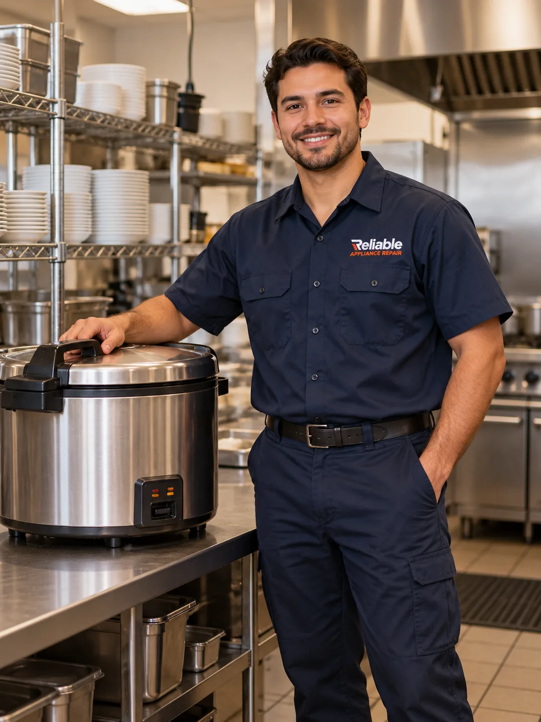 Reliable technician beside a commercial rice cooker in an Tampa kitchen