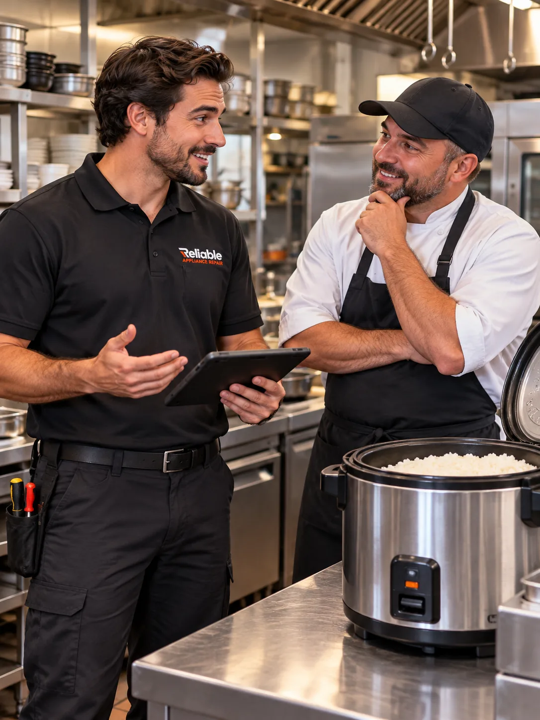 Reliable technician explaining completed commercial rice cooker repair