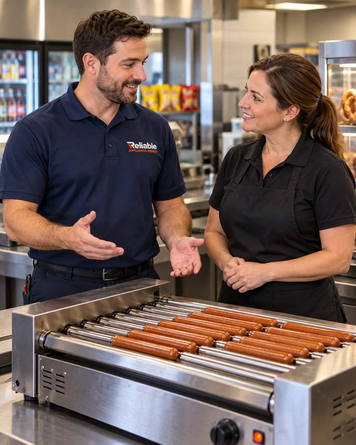 Reliable technician explaining completed commercial roller grill repair
