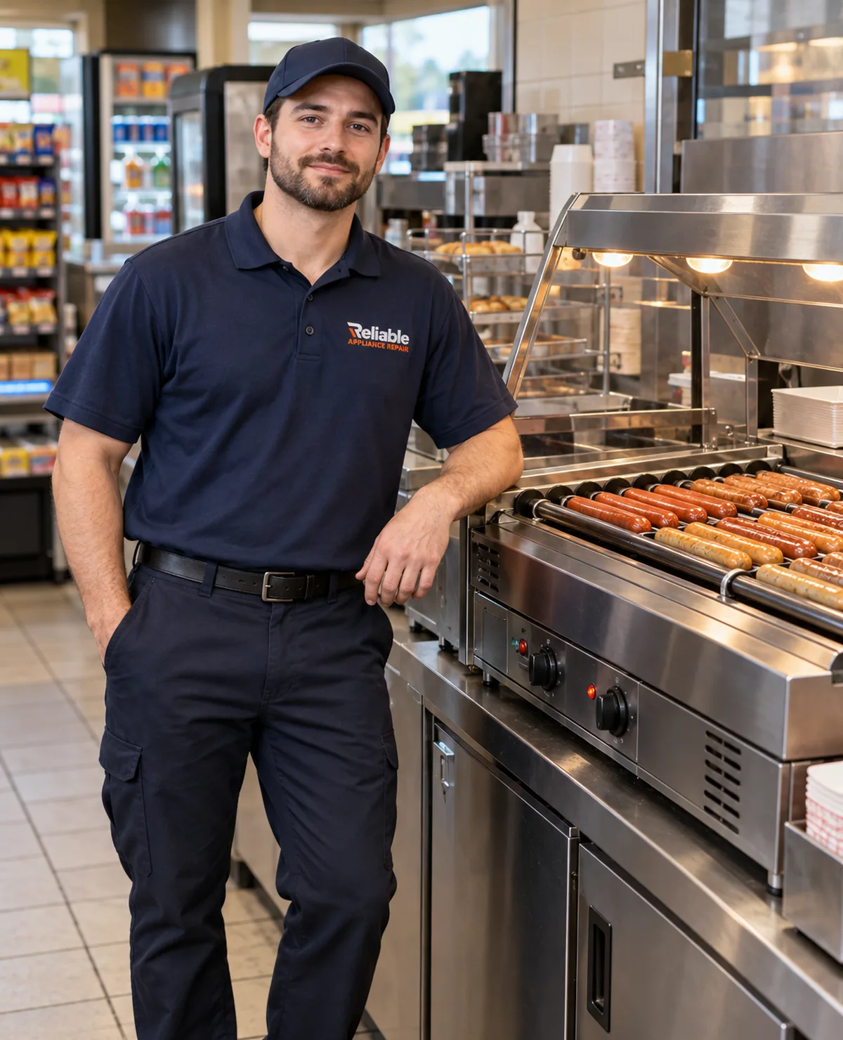 Reliable technician beside a commercial roller grill in a Tampa Bay food-service kitchen